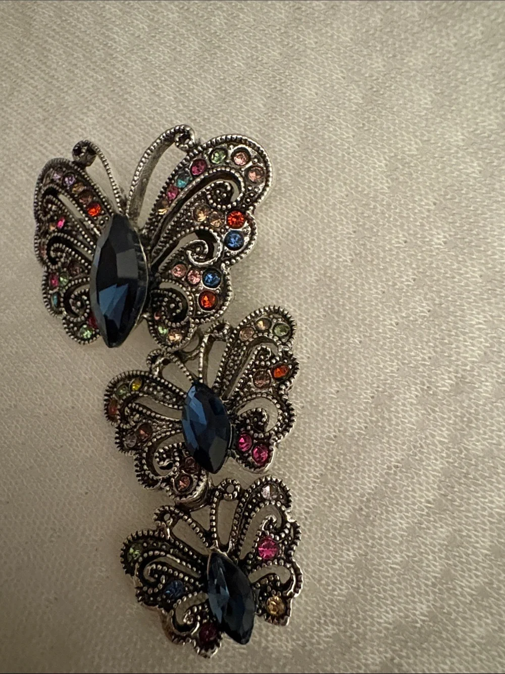 Multicolor Crystal Butterfly Drop Brooch with Blue Center Stones